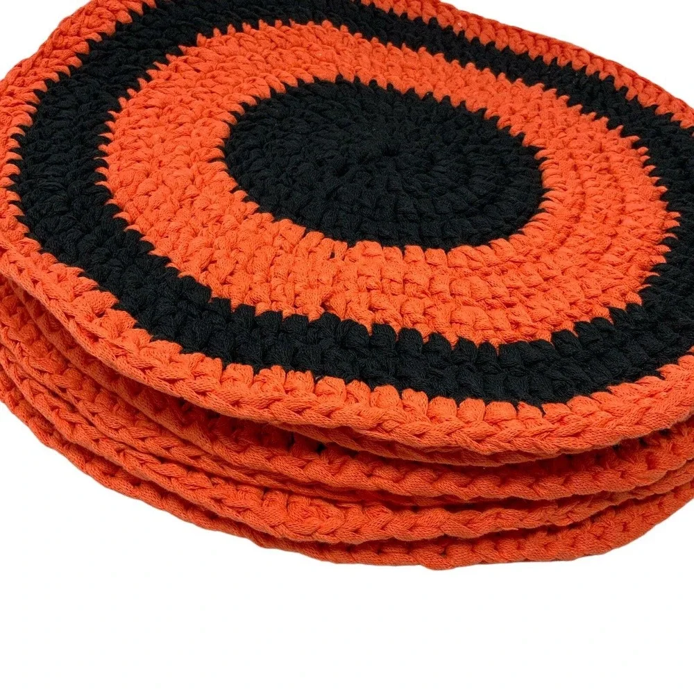 Handmade Round‎ Crochet Placemats Set of 6 Orange & Black 15.5”